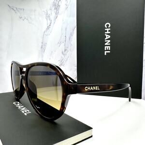 New CHANEL Sunglasses Brown Havana Polarized Lens Pilot Aviator